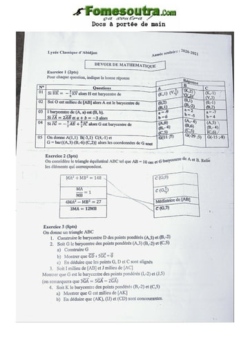 Devoir de barycentre première C 2020-2021