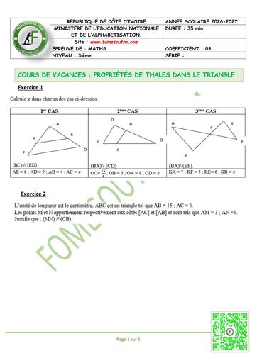FICHE 2 MATHS 3ième L2 PROPRIÉTÉS DE THALES DANS LE TRIANGLE by TEHUA