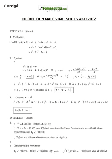 Corrigé de Maths BAC A2 et H 2012