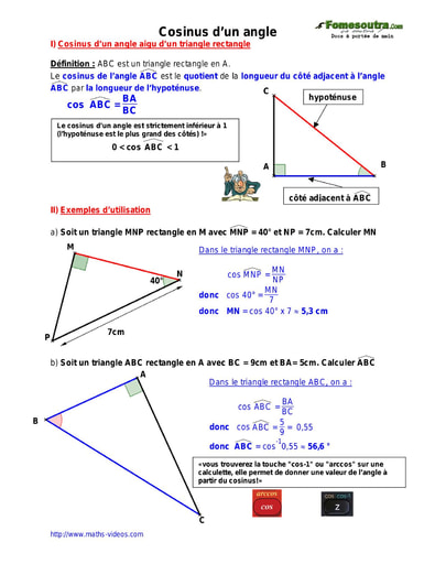 Cosinus d’un angle - Cours maths niveau 4eme