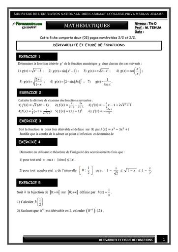 FICHE DE TRAVAUX DIRIGES MATHS Tle D DERIVABILITE ET ETUDE DE FONCTION BY TEHUA