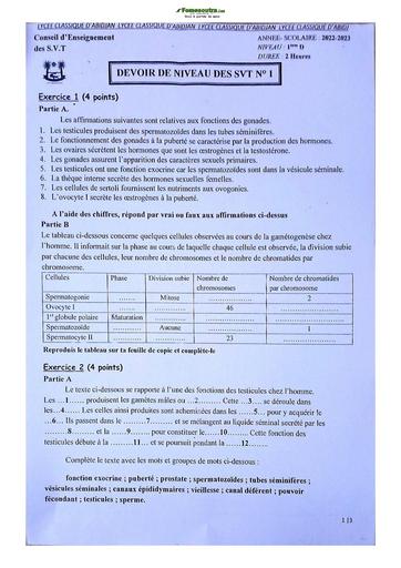 Sujet de SVT niveau Première D Lycée Classique Abidjan 2022-2023