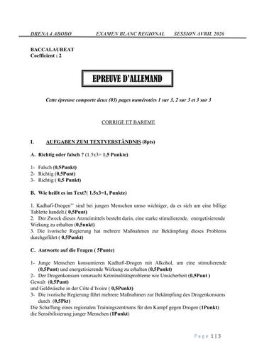 Bac blanc 2026 Allemand série A barème Drena Abidjan 4 By Tehua