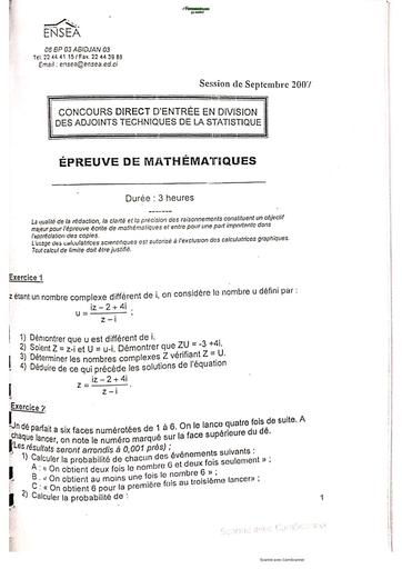 CONCOURS ENSEA ANCIENS SUJETS MATHS BY TEHUA