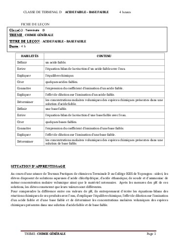 FCICHE DE COURS PC Tle CD L3 ACIDE FAIBLE   BASE FAIBLE by TEHUA