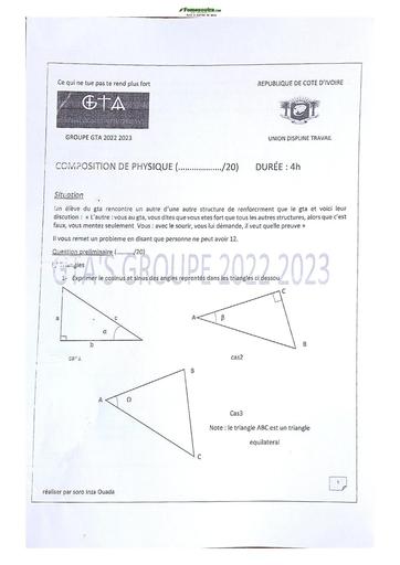 Sujet Physiques-Chimie Lycée Classique Abidjan 2023