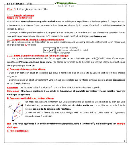 Chapitre 3 : L'énergie mécanique (5h)