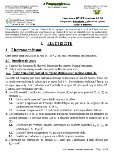 Sujet de Physique 2 (électricité, optique) concours GMEC 2015