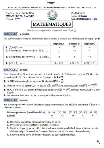 BEPC BLANC 2024 SUJET DE MATHS DRENA ABIDJAN 1 HINNEH BY TEHUA