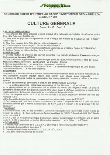 Sujet de Culture générale CAFOP 1993
