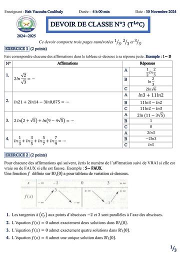 DEVOIR DE CLASSE Maths N°3 TLE C Ln 2024 2025 by Tehua