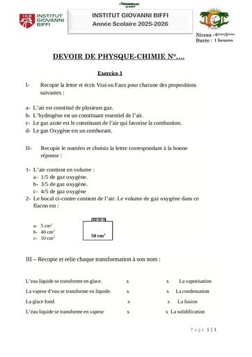 DEVOIR DE PHYSQUE CHIMIE  N°1 6ième 5ième (Changement de l'etat de l'eau) INSTITUT GIOVANNI BIFFI Octobre 2025 by TEHUA