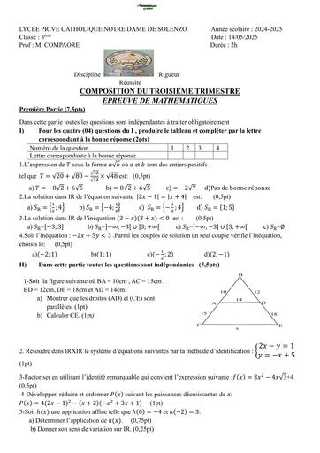 DEVOIR DE MATHS 3ième TRIMESTRE 3 LPCND DE SOLENZO  2025 BY TEHUA