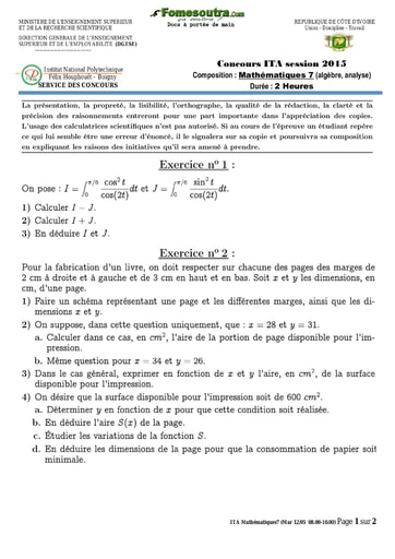 Sujet de Mathématique 7 concours ITA 2015