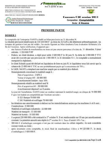 Sujet de Comptabilité concours CAE 2014