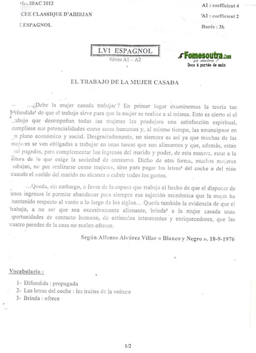 Sujet Espagnol LV1 BAC blanc 2012 série A1 et A2 - Lycée Classique d'Abidjan
