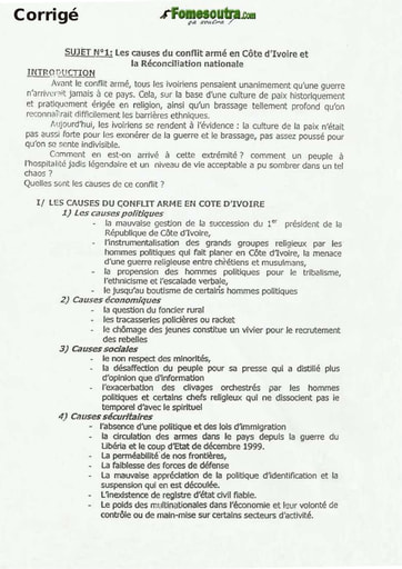 Sujet Corrigé de Dissertation: Les causes du conflit armé en Cote d'Ivoire et la Réconciliation nationale