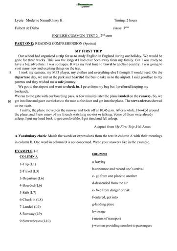 DEVOIR D'ANGLAIS Niveau 3ième MY FIRST TRIP   LYCEE MODERNE NANANKHISSY by TEHUA