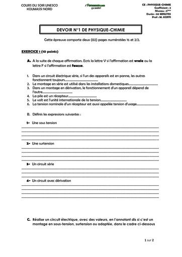 DEVOIR DE PC 5ième COURS DU SOIR UNESCO KOUMASSI 2026 BY TEHUA