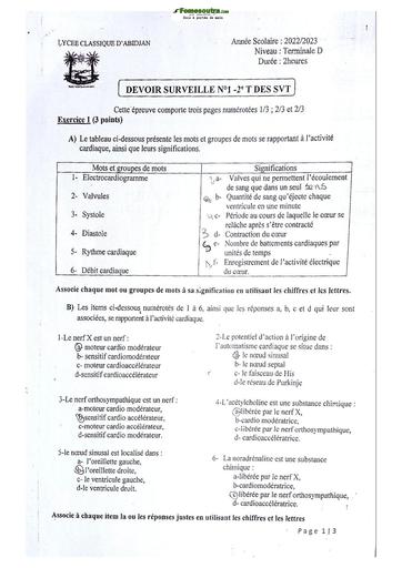 Sujet de SVT Terminale D Lycée Classique Abidjan 2023