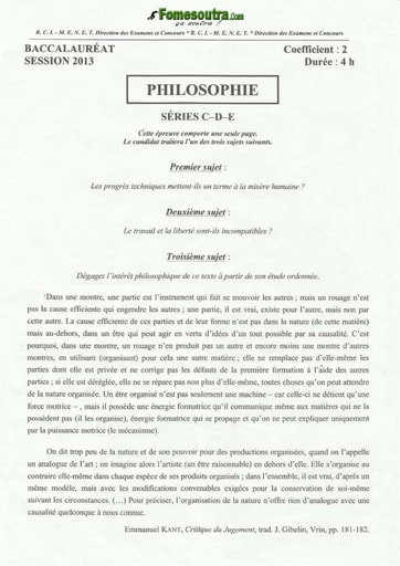 Sujet de Philosophie BAC C D E 2013