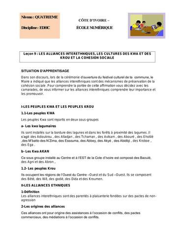 EDHC 4ème L 9 LES ALLIANCES INTERETHNIQUES, LES CULTURES DES KWA ET DES KROU ET LA COHESION SOCIALE