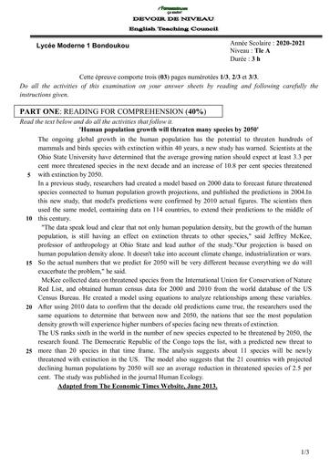 SUJET Tle A DEVOIR DE NIVEAU ANGLAIS TLE A 1st TERM (Chan Lee Chomsky) BYLYCEE MODERNE 1 BONDOUKOU BY TEHUA