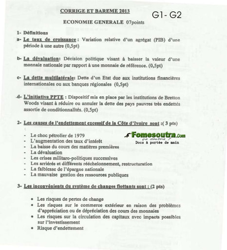 Corrigé d'Economie Générale - d'Economie Entreprise - de Droit BAC G1 et G2 2013