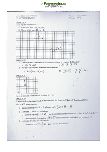 Devoir de Mathématique Seconde C Lycée classique Abidjan 2021