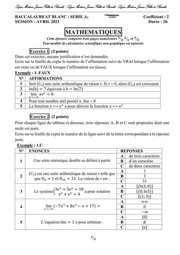 BAC BLANC 2021 SUJET DE MATHS SERIE A2 LYCEE JEUNE FILLE DE BOUAKE BY TEHUA