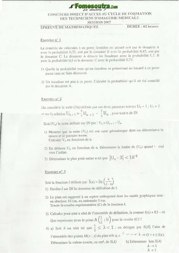 Sujet Maths Technicien d'Imagérie Médicale INFAS 2007