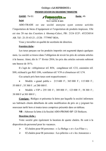 Devoir (1) Étude de cas niveau Terminale G1 - Collège La REFERENCE