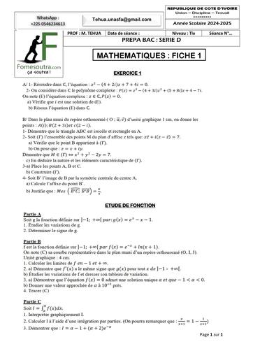 PREPA BAC 2025 SERIE D MATHS FICHE 1 BY TEHUA