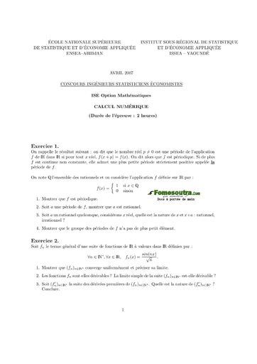 Sujet de Calcul numérique ISE option maths 2007 (ENSEA - ISSEA)