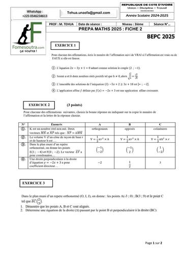 PREPA BEPC 2025 NOE MATHS AVRIL 2025 FICHE 2 BY TEHUA