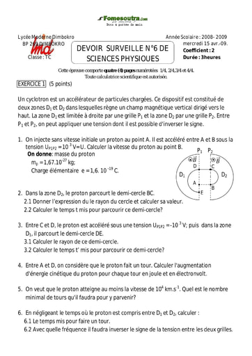 Devoir (2) de Physique niveau Terminale C