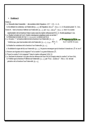 Problème (6) Etude d'une Fonction Logarithme Népérienne - Maths Terminale D