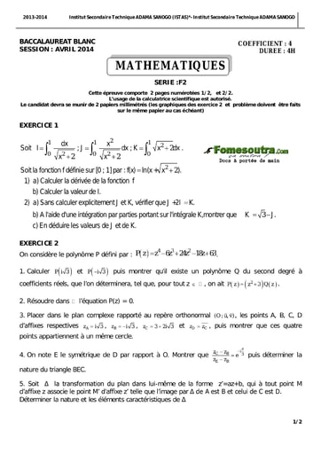 Sujet de Maths BAC blancs série F2 ADAMA SANOGO