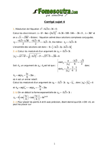 Corrigé TP 4 nombres complexes et transformation du plan maths niveau Terminale D
