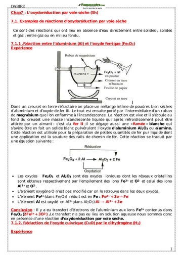 Chapitre 7:  L’oxydoréduction par voie sèche(3h)
