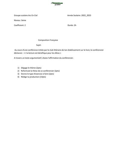 DEVOIR DE COMPOSITION FR NIVEAU 3ième GS ARC EN CIEL 2023 BY TEHUA