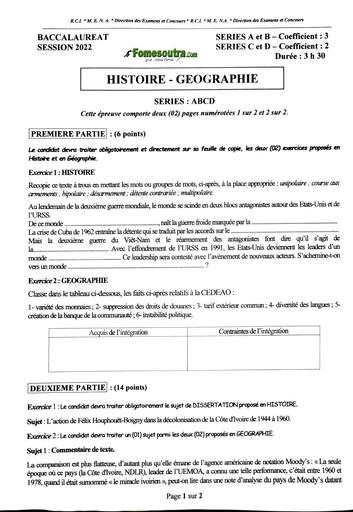 EPREUVE BAC 2022 HISTOIRE GEOGRAPHIE SERIES ABCD COTE D'IVOIRE by TEHUA