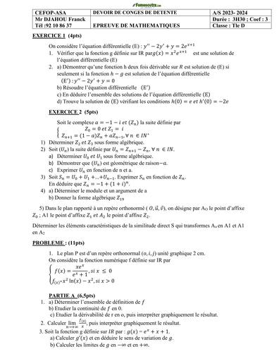 Devoir de maths Tle D SEFOP ASA congé de detente by TEHUA