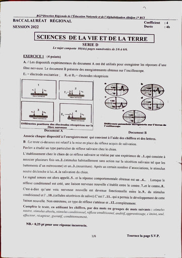 BACCALAURÉAT RÉGIONAL ABIDJAN 1 SVT TLE D 21 22