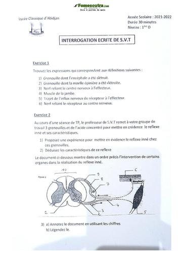 Sujet de SVT niveau Première D Lycée Classique Abidjan 2021-2022