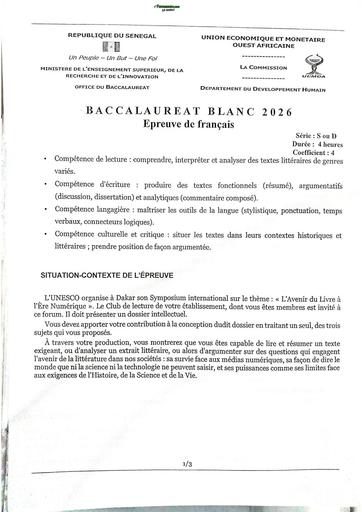 BAC HARMONISE BLANC UEMOA 2026  EPREUVE DE FRANCAIS SENEGAL BY TEHUA
