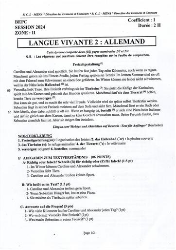 BEPC 2024 LV 2 ALLEMAND + barème ZONE 2 by Tehua