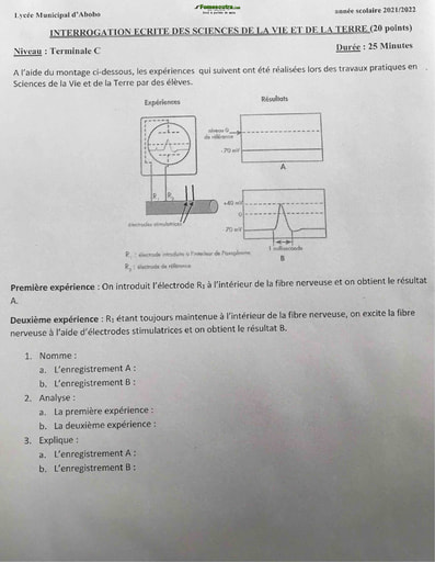 Interrogation de SVT niveau Terminale C année scolaire 2021-2022 - Lycée Municipal d'Abobo