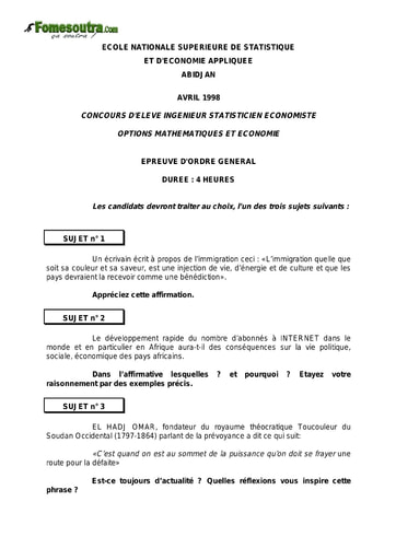 Sujet d'ordre générale ISE option économie 1998 (ENSEA)