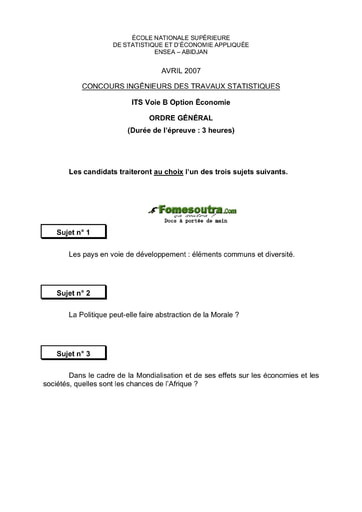 Sujet d'ordre générale ITS B option Economie 2007 (ENSEA - ISSEA - ENSAE)